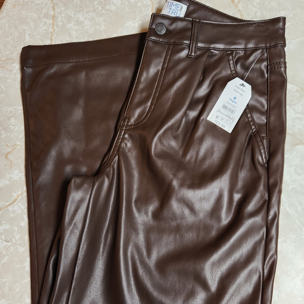 Time and Tru High Rise Wide Leg Faux Leather Brown Trouser Pants Multiple Sizes